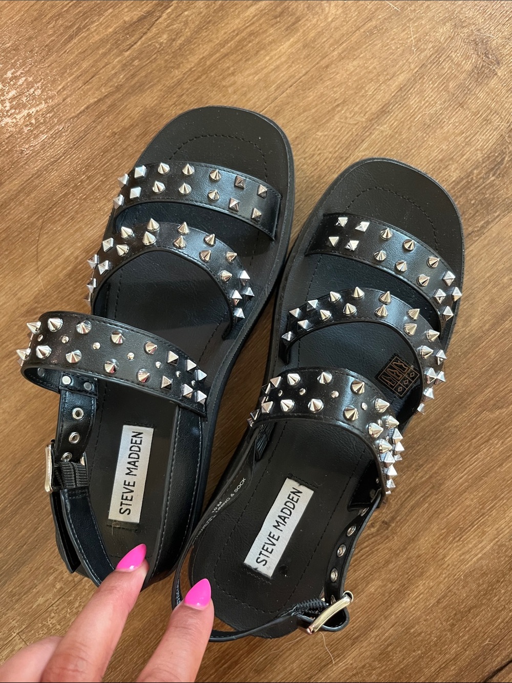 NEW Steve Madden Black Studded Triple-Strap Sandals